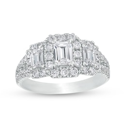 Previously Owned 2 CT. T.W. Emerald-Cut Diamond Past Present Future® Split Shank Engagement Ring in 14K White Gold