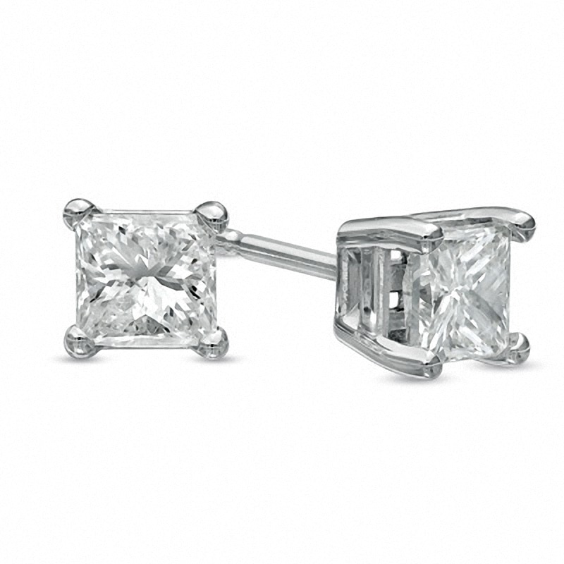 Main Image 1 of Previously Owned 3/4 CT. T.W. Princess-Cut Diamond Solitaire Stud Earrings in 14K White Gold