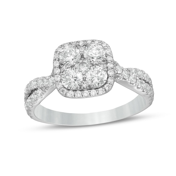 Previously Owned 1-1/4 CT. T.w. Composite Cushion-Shaped Diamond Frame Twist Shank Engagement Ring in 14K White Gold