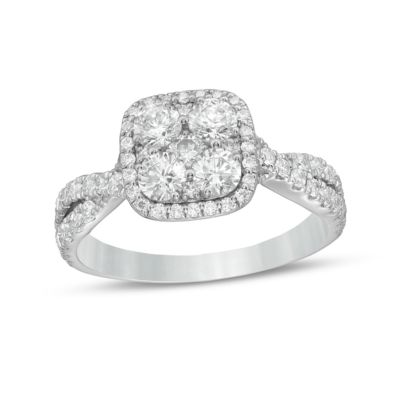 Main Image 1 of Previously Owned 1-1/4 CT. T.W. Composite Cushion-Shaped Diamond Frame Twist Shank Engagement Ring in 14K White Gold