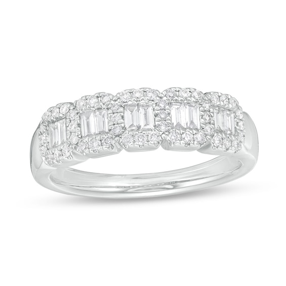 Previously Owned - 1/2 CT. T.w. Baguette and Round Diamond Band in 10K White Gold