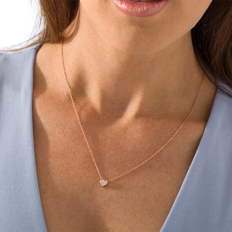 Main Image 2 of Previously Owned - 1/10 CT. Diamond Solitaire Heart-Shaped Necklace in 10K Rose Gold (I/I3)