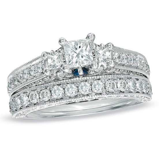 Previously Owned - Vera Wang Love Collection 2-3/4 CT. T.w. Princess Diamond Vintage-Style Bridal Set in 14K White Gold