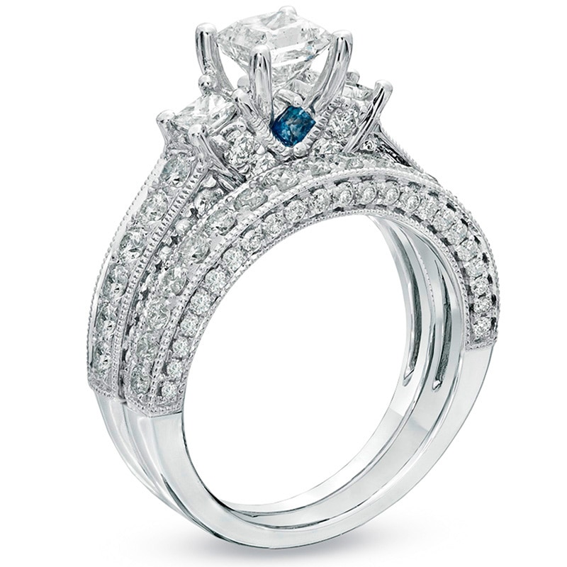 Main Image 3 of Previously Owned - Vera Wang Love Collection 2-3/4 CT. T.W. Princess Diamond Vintage-Style Bridal Set in 14K White Gold