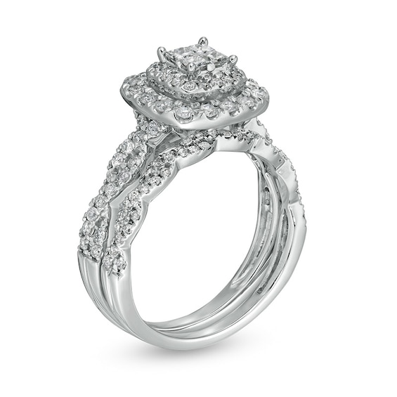 Previously Owned - 1 CT. T.w. Quad Princess-Cut Diamond Double Frame Twist Shank Bridal Set in 14K White Gold