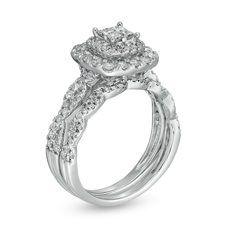 Main Image 3 of Previously Owned - 1 CT. T.W. Quad Princess-Cut Diamond Double Frame Twist Shank Bridal Set in 14K White Gold