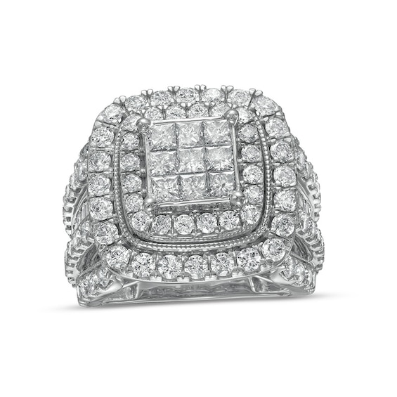 Previously Owned - 4 CT. T.w. Princess Multi-Diamond Double Frame Vintage-Style Engagement Ring in 10K White Gold