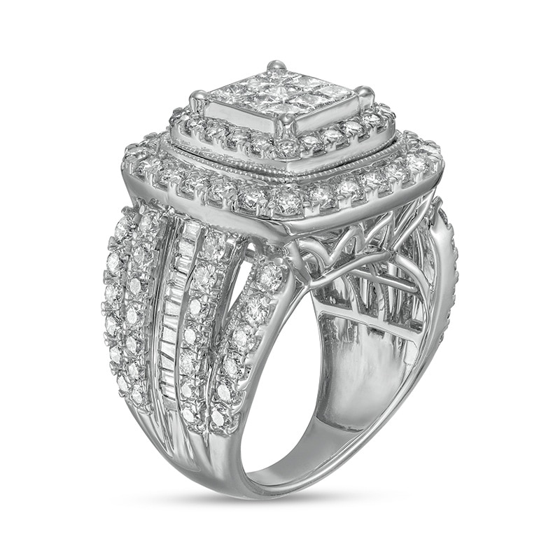 Main Image 3 of Previously Owned - 4 CT. T.W. Princess Multi-Diamond Double Frame Vintage-Style Engagement Ring in 10K White Gold