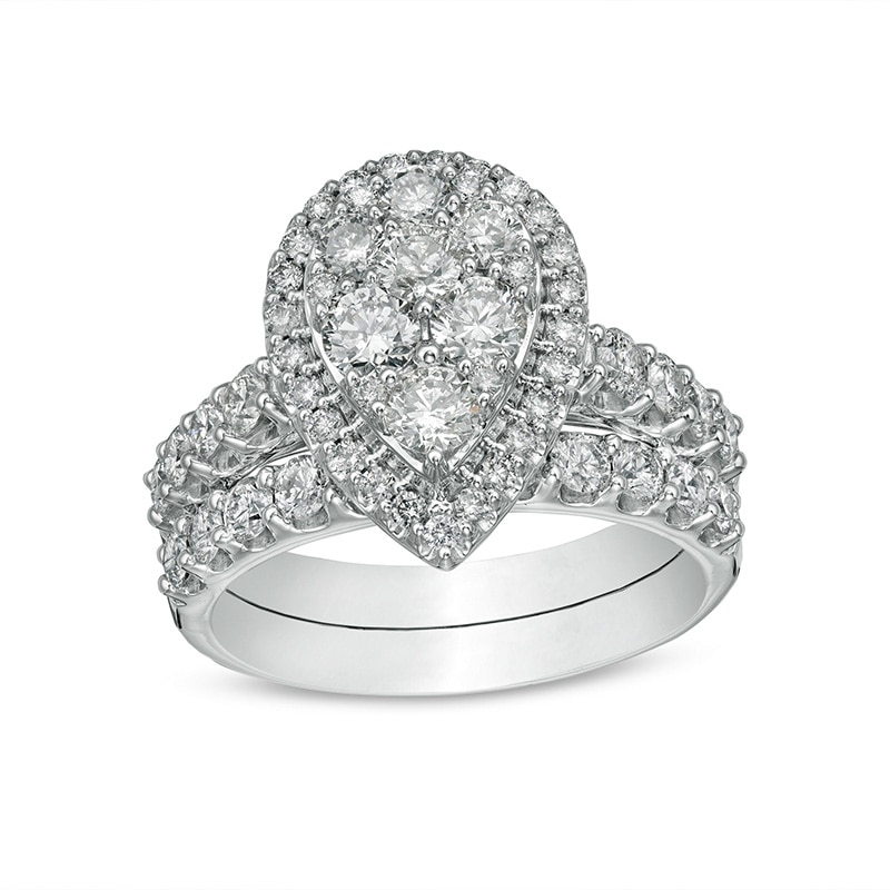 Main Image 1 of Previously Owned - 2 CT. T.W. Composite Pear Diamond Frame Bridal Set in 14K White Gold
