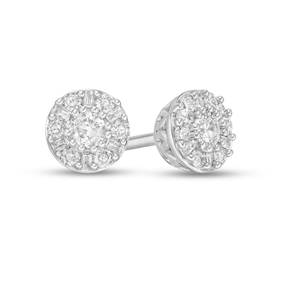 Previously Owned - 1/4 CT. T.w. Baguette and Round Diamond Frame Stud Earrings in 10K White Gold
