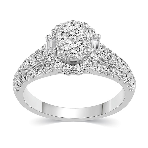 Previously Owned - 1 CT. T.w. Composite Baguette and Round Diamond Frame Engagement Ring in 14K White Gold