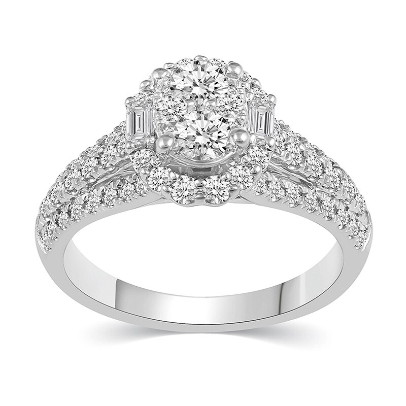 Main Image 1 of Previously Owned - 1 CT. T.W. Composite Baguette and Round Diamond Frame Engagement Ring in 14K White Gold