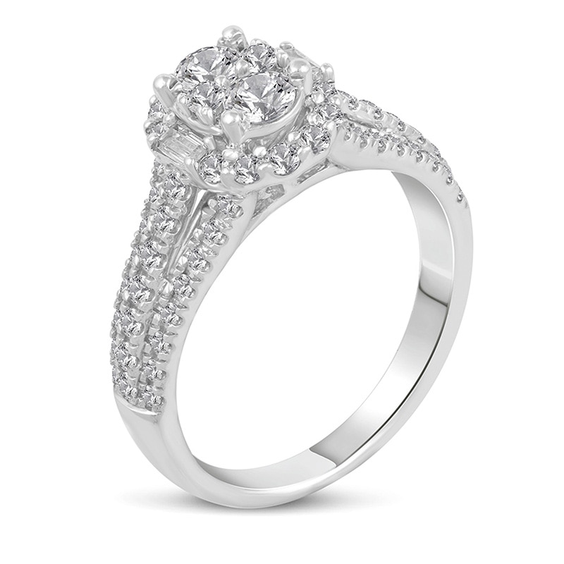 Main Image 2 of Previously Owned - 1 CT. T.W. Composite Baguette and Round Diamond Frame Engagement Ring in 14K White Gold