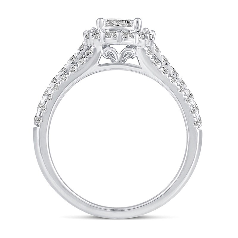 Main Image 3 of Previously Owned - 1 CT. T.W. Composite Baguette and Round Diamond Frame Engagement Ring in 14K White Gold