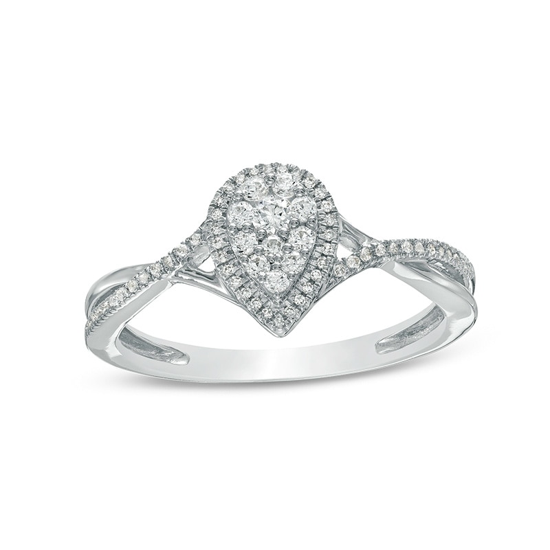 Main Image 1 of Previously Owned - 1/4 CT. T.W. Composite Pear-Shaped Diamond Frame Twist Shank Ring in 10K White Gold