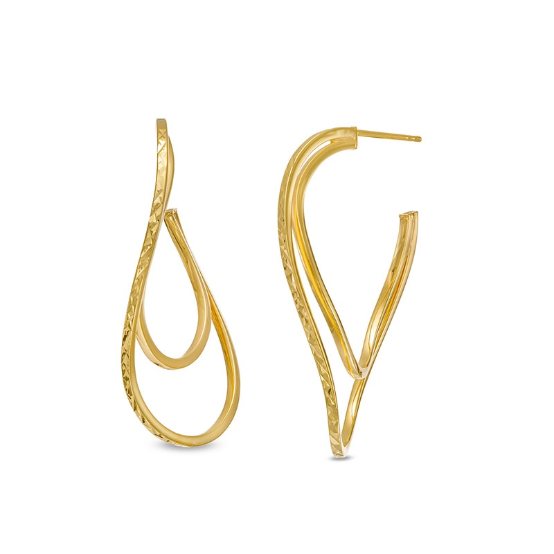 Previously Owned - 40.0 x 25.0mm Multi-Finish Swirling Double Oval Hoop Earrings in 10K Gold