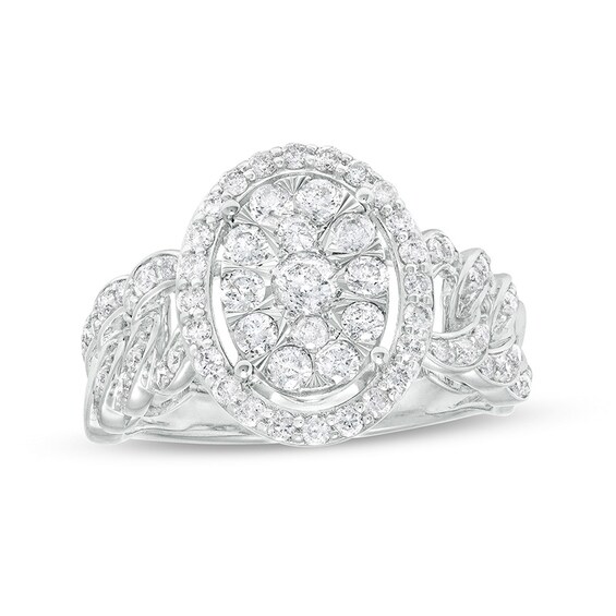 Previously Owned - 1 CT. T.w. Oval-Shaped Multi-Diamond Frame Curb Chain Shank Ring in 10K White Gold