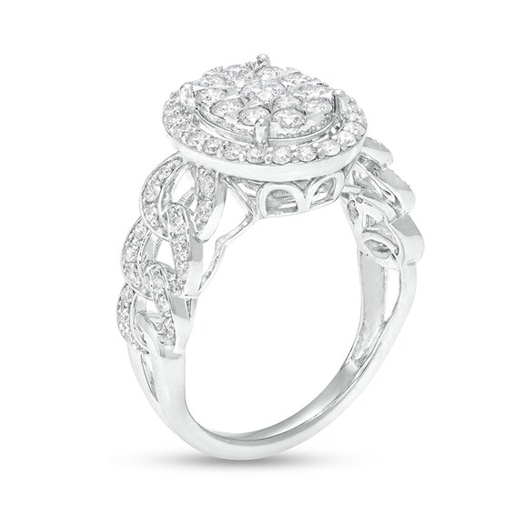 Previously Owned - 1 CT. T.w. Oval-Shaped Multi-Diamond Frame Curb Chain Shank Ring in 10K White Gold