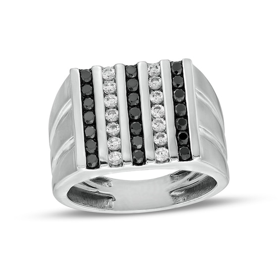 Previously Owned - 1 CT. T.w. Black and White Diamond Multi-Row Double Groove Shank Ring in 10K White Gold