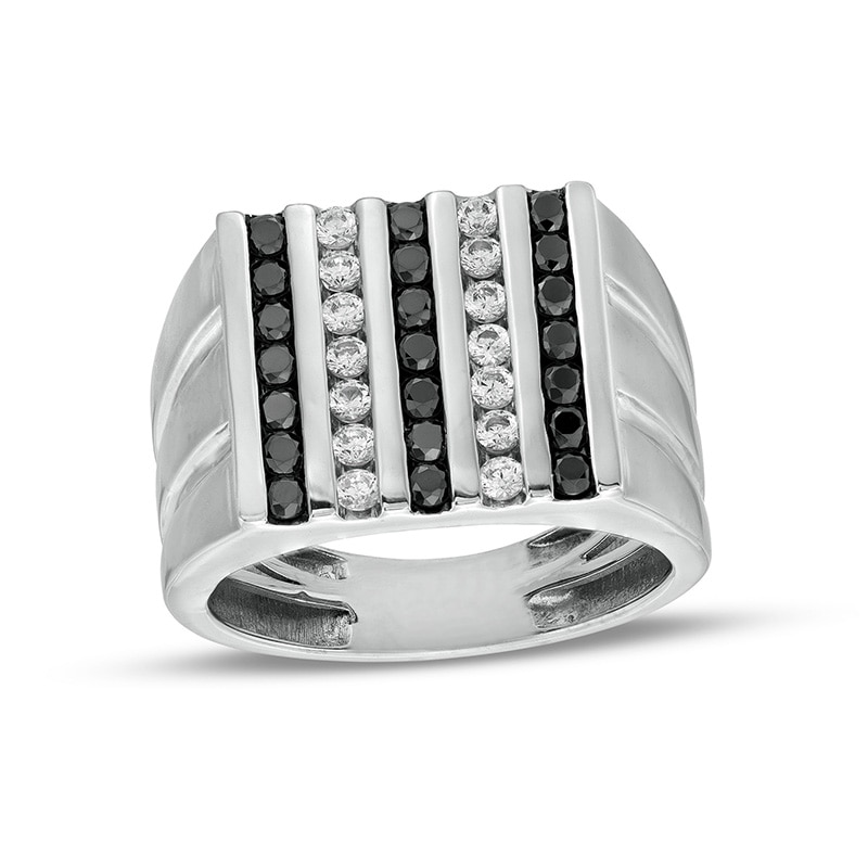 Previously Owned - Men's 1 CT. T.W. Black and White Diamond Multi-Row Double Groove Shank Ring in 10K White Gold