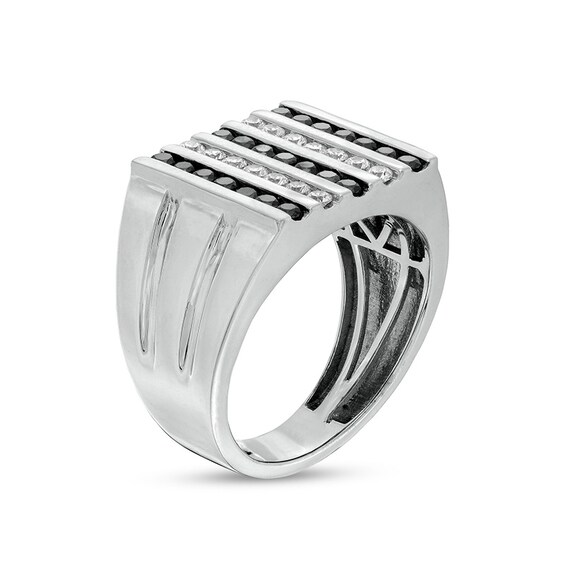 Previously Owned - 1 CT. T.w. Black and White Diamond Multi-Row Double Groove Shank Ring in 10K White Gold