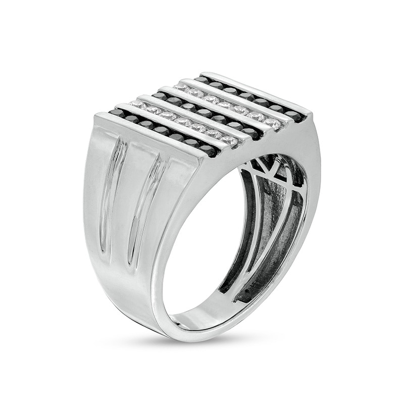 Previously Owned - Men's 1 CT. T.W. Black and White Diamond Multi-Row Double Groove Shank Ring in 10K White Gold
