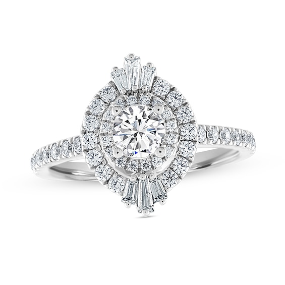Previously Owned - 1 CT. T.w. Baguette and Round Diamond Double Frame Engagement Ring in 14K White Gold