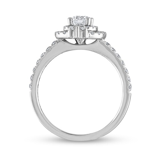 Previously Owned - 1 CT. T.w. Baguette and Round Diamond Double Frame Engagement Ring in 14K White Gold