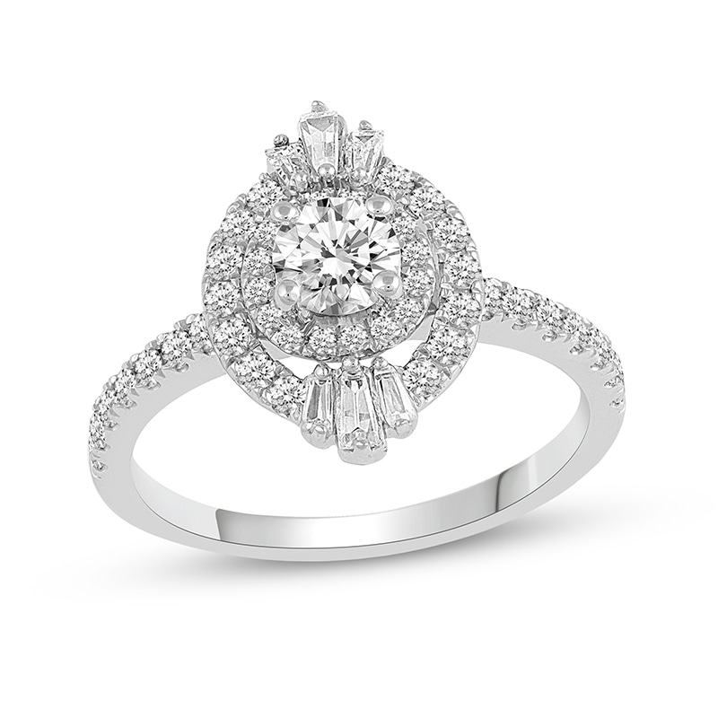 Main Image 4 of Previously Owned - 1 CT. T.W. Baguette and Round Diamond Double Frame Engagement Ring in 14K White Gold