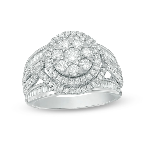 Previously Owned - 2 CT. T.w. Diamond Frame Twist Three Piece Bridal Set in 14K White Gold