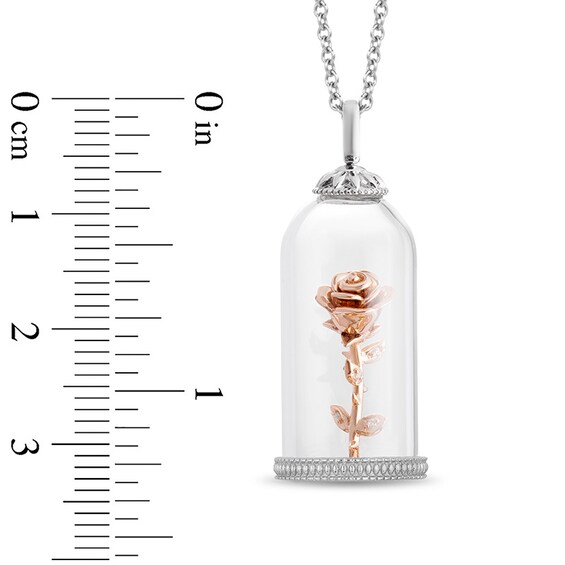 Previously Owned - Enchanted Disney Belle Diamond Accent Rose in Dome Pendant in Sterling Silver and 10K Rose Gold - 24"