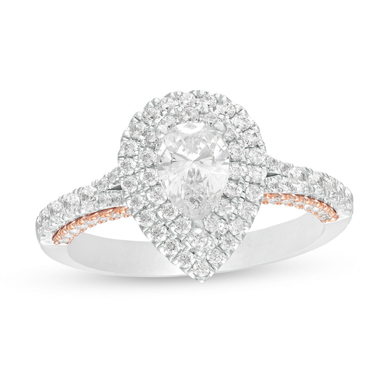 Main Image 1 of Previously Owned - 1-3/8 CT. T.W. Pear-Shaped Diamond Double Frame Vintage-Style Engagement Ring in 14K Two-Tone Gold