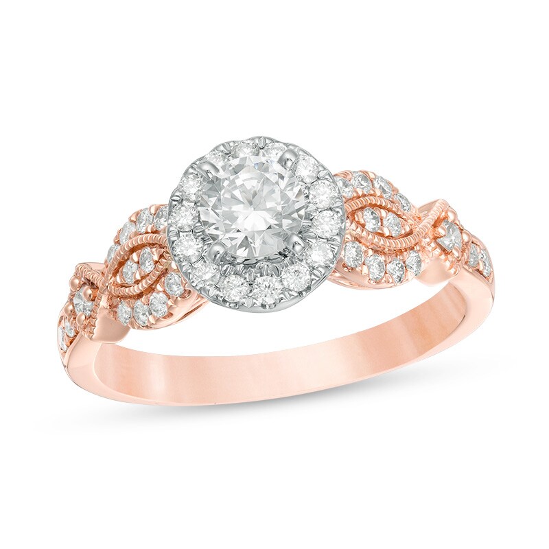 Main Image 1 of Previously Owned - 3/4 CT. T.W. Diamond Frame Twist Vintage-Style Engagement Ring in 10K Rose Gold