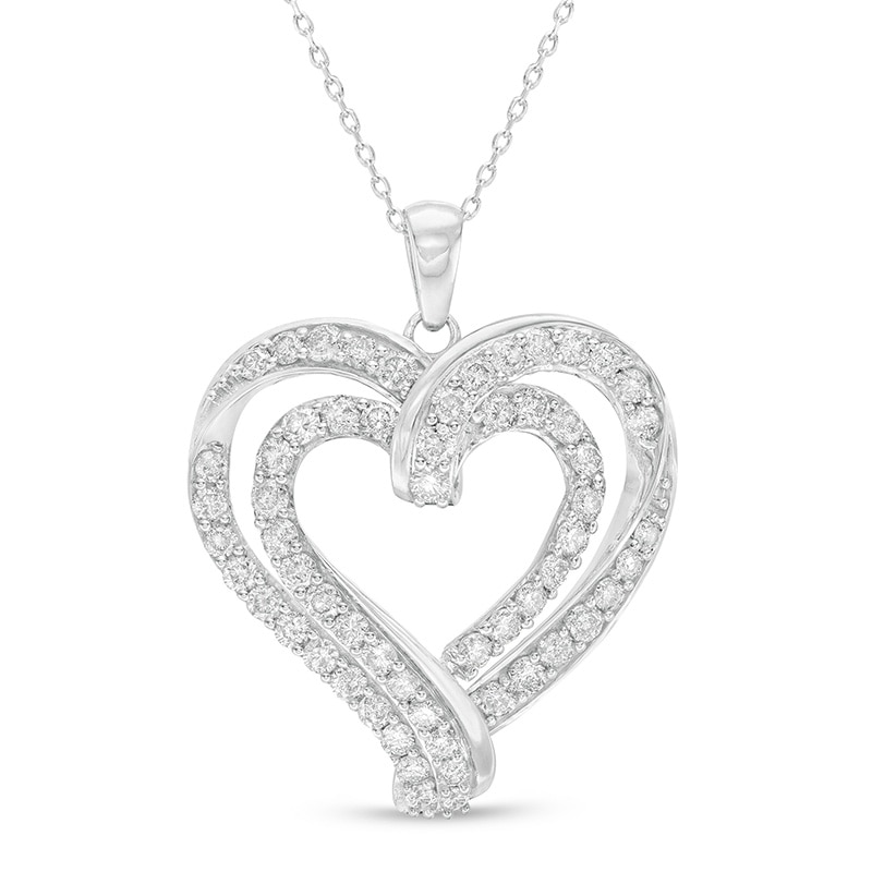 Main Image 1 of Previously Owned - 2 CT. T.W. Diamond Double Row Ribbon Heart Pendant in 10K White Gold