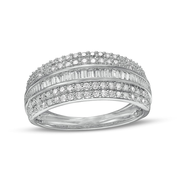 Previously Owned - 1/2 CT. T.w. Baguette and Round Diamond Multi-Row Anniversary Band in 10K White Gold