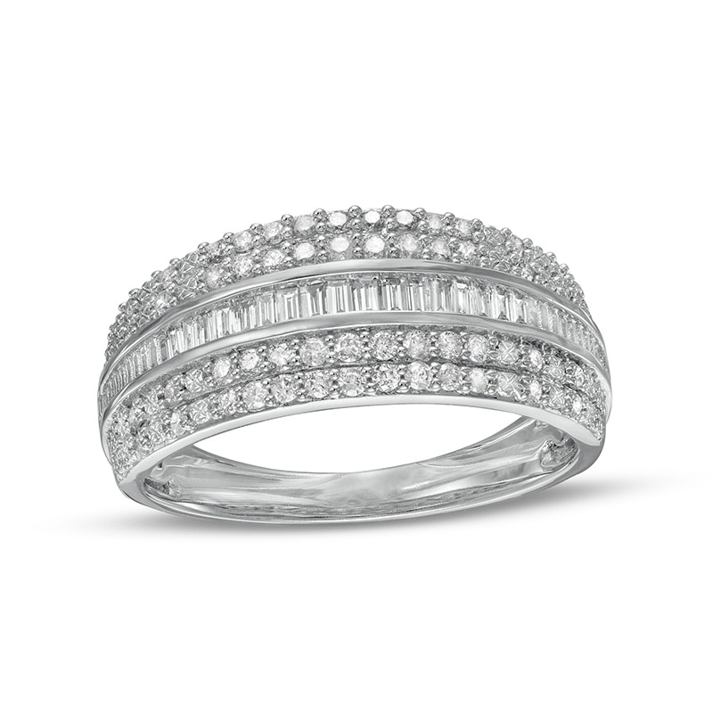 Main Image 1 of Previously Owned - 1/2 CT. T.W. Baguette and Round Diamond Multi-Row Anniversary Band in 10K White Gold