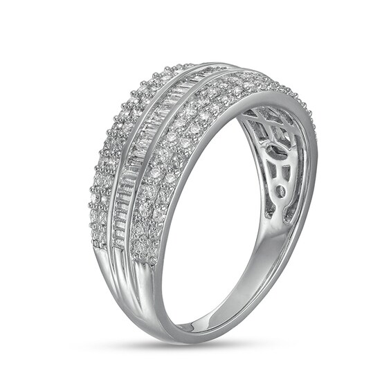 Previously Owned - 1/2 CT. T.w. Baguette and Round Diamond Multi-Row Anniversary Band in 10K White Gold