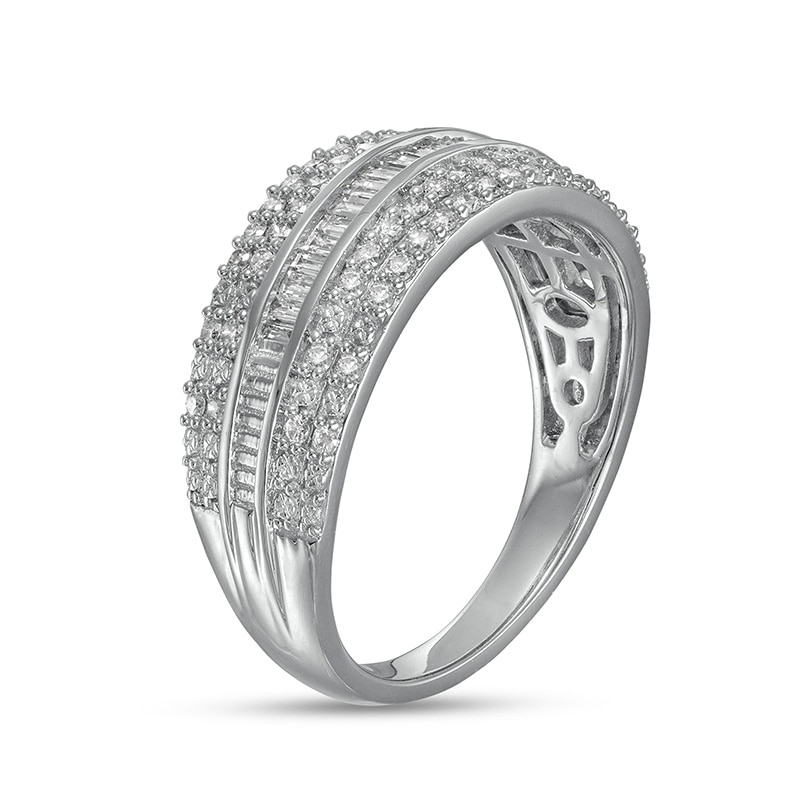 Main Image 3 of Previously Owned - 1/2 CT. T.W. Baguette and Round Diamond Multi-Row Anniversary Band in 10K White Gold