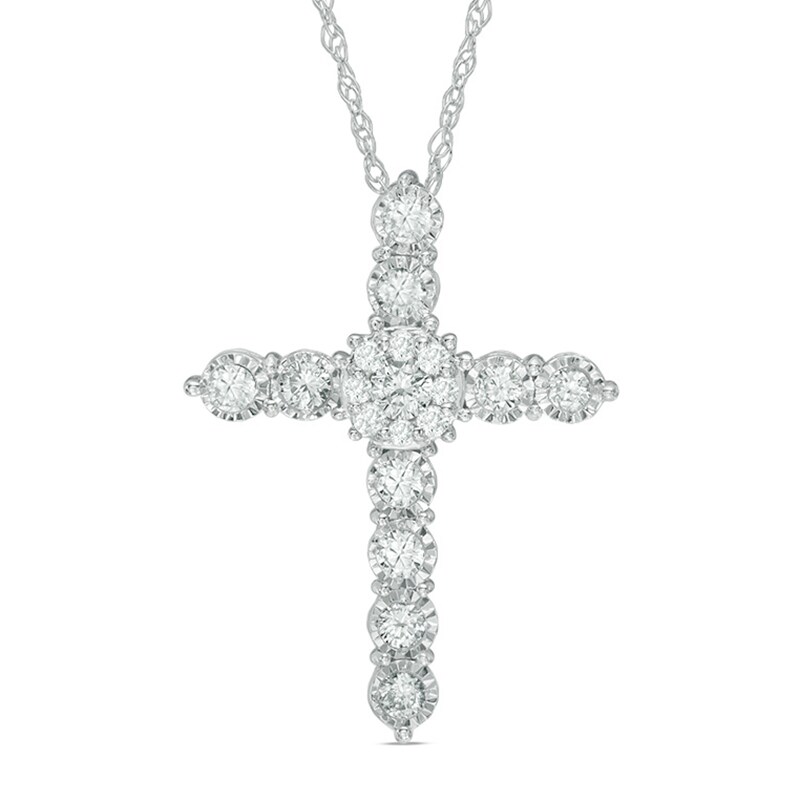 Main Image 1 of Previously Owned - 1/2 CT. T.W. Multi-Diamond Cross Pendant in 10K White Gold