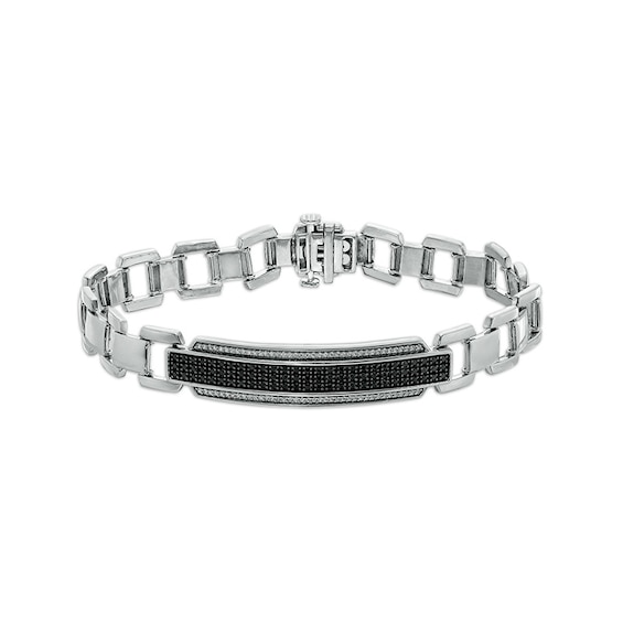 Previously Owned - 1 CT. T.w. Black Enhanced and White Diamond Triple Row Border ID Bracelet in Sterling Silver - 8.5"