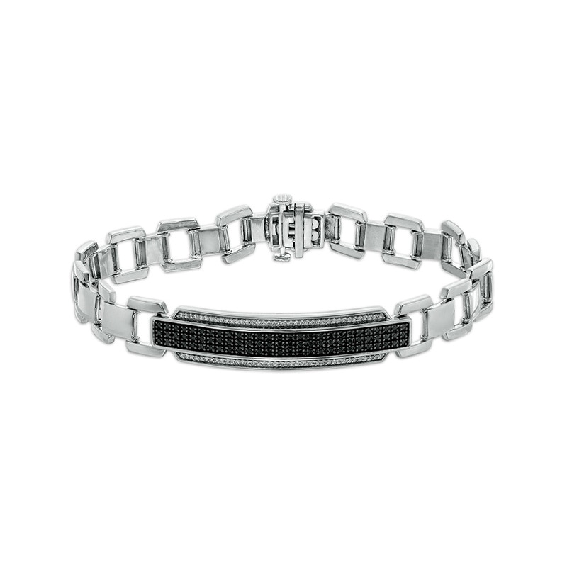 Main Image 1 of Previously Owned - 1 CT. T.W. Black Enhanced and White Diamond Triple Row Border ID Bracelet in Sterling Silver - 8.5"