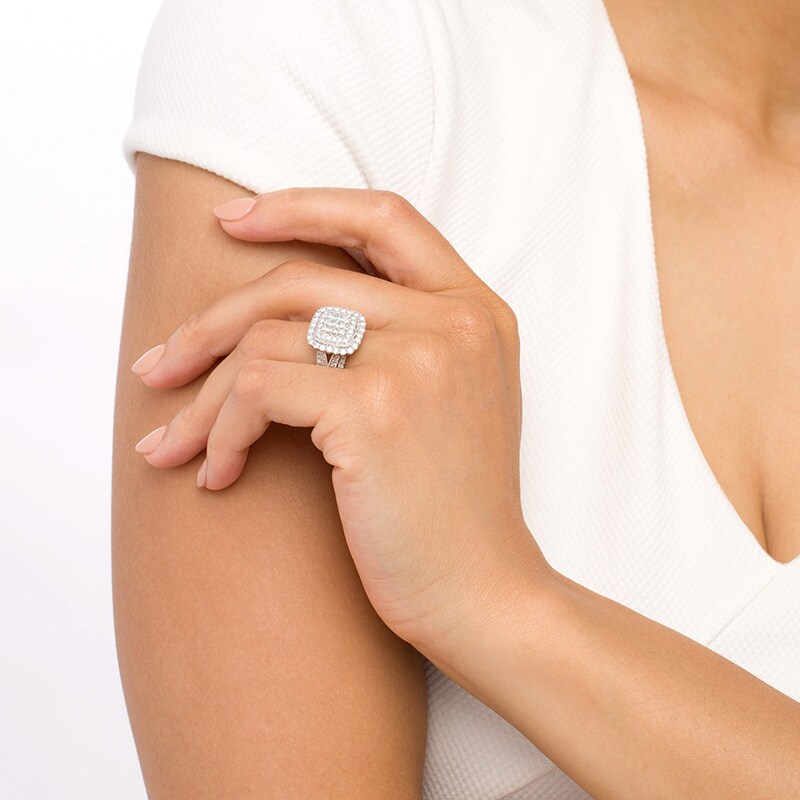 Main Image 2 of Previously Owned - 2 CT. T.W. Composite Cushion-Shaped Diamond Frame Vintage-Style Engagement Ring in 10K White Gold