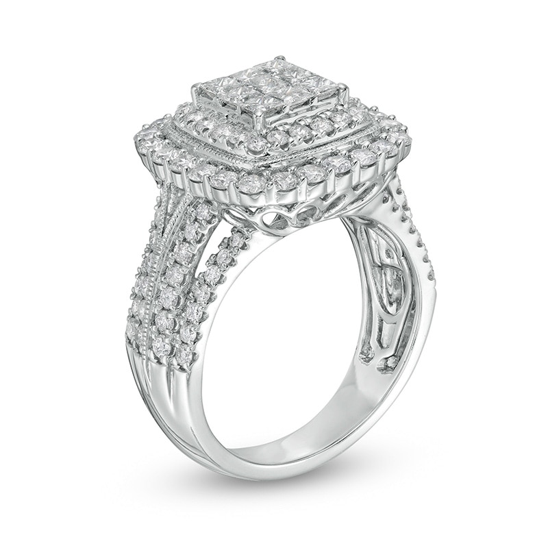 Main Image 3 of Previously Owned - 2 CT. T.W. Composite Cushion-Shaped Diamond Frame Vintage-Style Engagement Ring in 10K White Gold