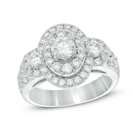 Previously Owned - Celebration Ideal 2 CT. T.W. Diamond Layered Oval Frame Three Stone Ring in 14K White Gold (I/I1)
