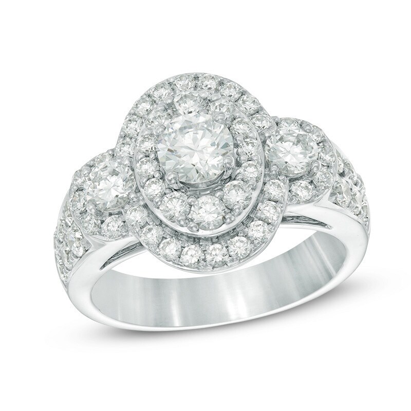 Main Image 1 of Previously Owned - Celebration Ideal 2 CT. T.W. Diamond Layered Oval Frame Three Stone Ring in 14K White Gold (I/I1)