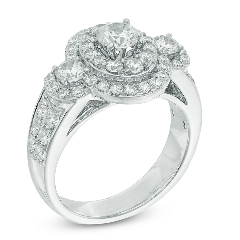 Main Image 2 of Previously Owned - Celebration Ideal 2 CT. T.W. Diamond Layered Oval Frame Three Stone Ring in 14K White Gold (I/I1)