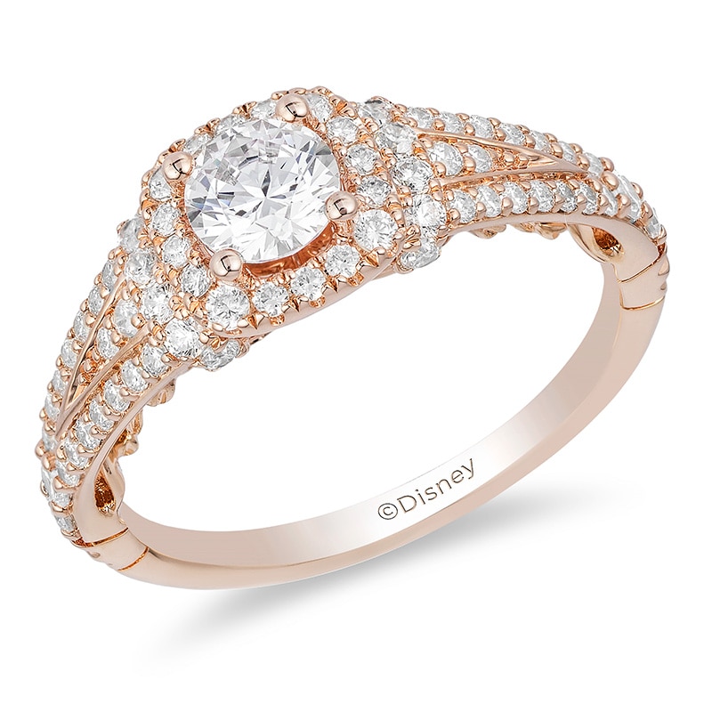 Main Image 1 of Previously Owned - Enchanted Disney Rapunzel 1 CT. T.W. Diamond Cushion Frame Collar Engagement Ring in 14K Rose Gold