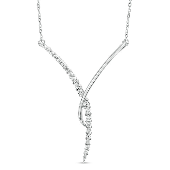 Previously Owned - 1/3 CT. T.w. Diamond Curved "Y" Necklace in 10K White Gold