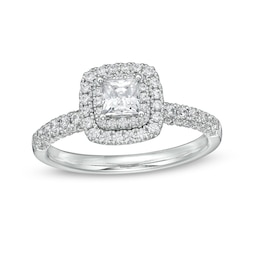 Previously Owned - 1 CT. T.W. Princess-Cut Diamond Cushion Frame Engagement Ring in Platinum (I/SI2)
