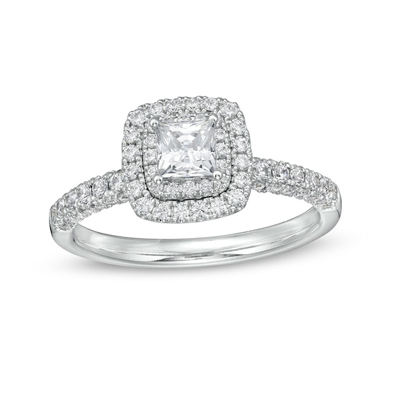 Previously Owned - 1 CT. T.w. Princess-Cut Diamond Cushion Frame Engagement Ring in Platinum (I/Si2)
